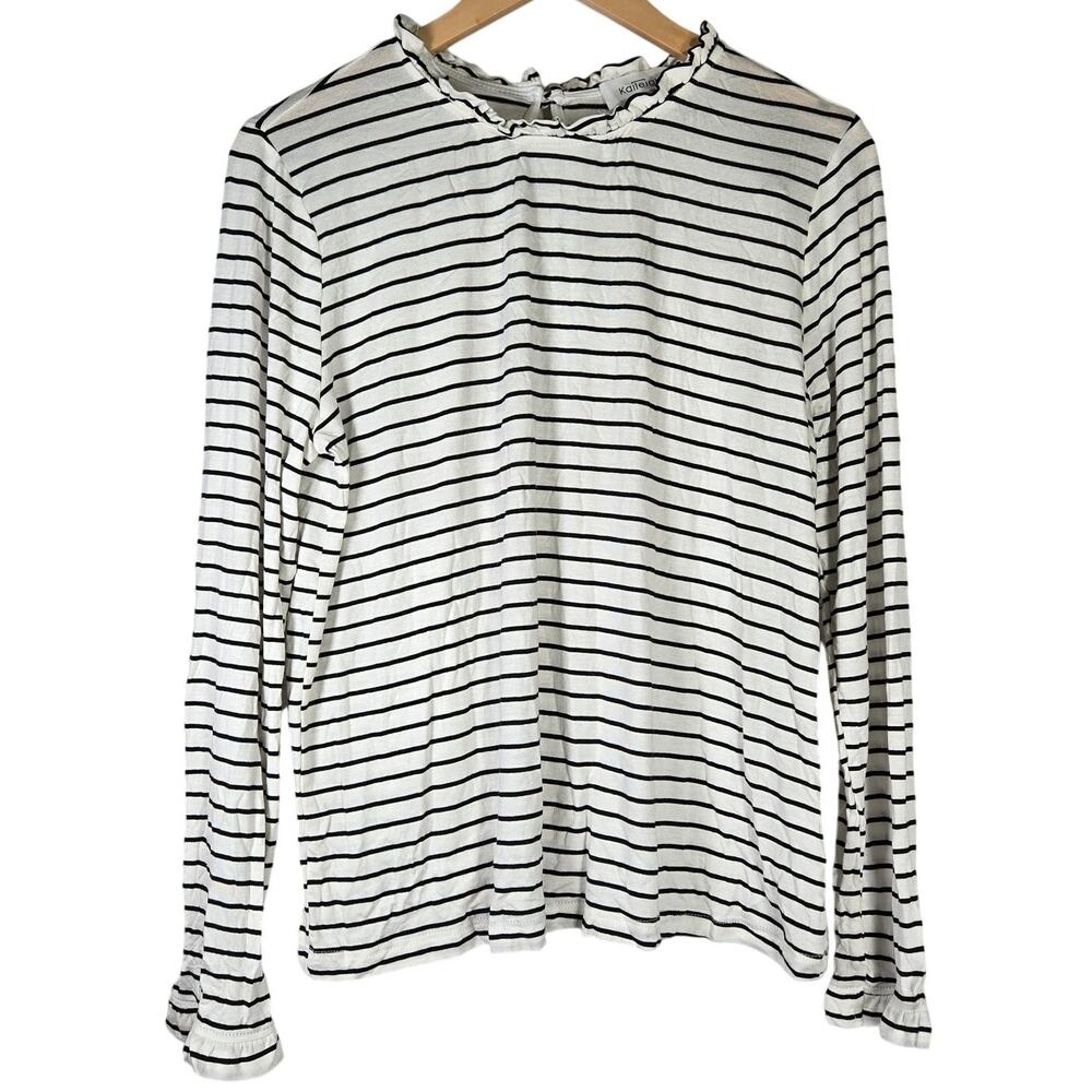 Kaileigh White‎ Black Striped Long Sleeves Ruffle Neck Top L NWOT